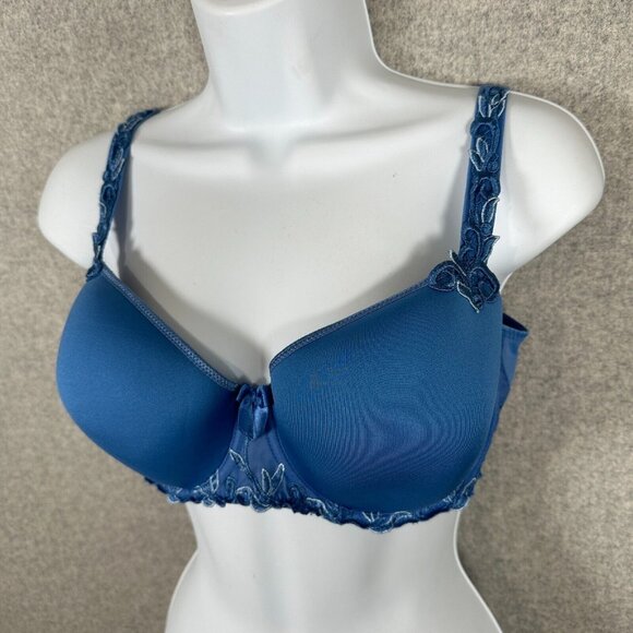 Simone Perele 34 Bra Underwired Blue Smooth Floral Mesh Bow Adjustable Straps - Picture 3 of 10